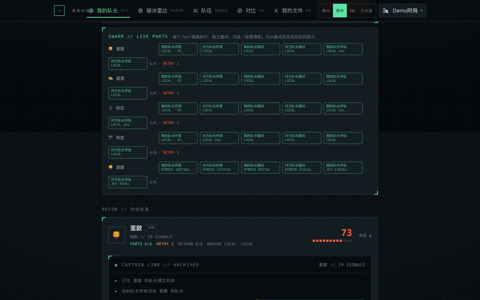 指挥台 SWARM LIVE PARTS，故障演练后 Part 自动重试接上